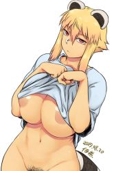 1girl 2017 animal_ears araiguma-san areola_slip blonde_hair breasts clothes_lift dated expressionless female_pubic_hair hair_between_eyes huge_breasts jitome large_areolae long_hair looking_at_viewer navel no_bra no_panties original pubic_hair raccoon_ears raccoon_tail red_eyes shirt_lift signature simple_background solo tail tsukudani_(coke-buta) underboob white_background rating:Questionable score:53 user:danbooru