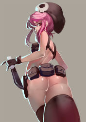 10s 1girl alternate_costume ass belt belt_skirt black_thighhighs club3 from_behind from_below gloves hat highres holster jakuzure_nonon kill_la_kill knife looking_at_viewer looking_back nude nudist_beach_uniform perspective pink_eyes pink_hair pouch revealing_clothes sidelocks simple_background skull solo spoilers thighhighs rating:Questionable score:202 user:danbooru