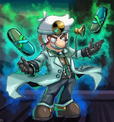 alternate_costume alternate_eye_color alternate_hair_color angry armor aura belt black_gloves blue_gemstone brown_footwear coat corruption crescent dark_persona doctor dr._mario dr._mario_(game) facial_hair fierce_deity frown gem gloves glowing hal_laboratory highres lab_coat long_sleeves looking_at_viewer mario mario_(series) mustache nintendo pants pill possessed possession shoes short_hair standing stethoscope stoic_seraphim super_smash_bros. the_legend_of_zelda the_legend_of_zelda:_majora&#039;s_mask triangle white_hair