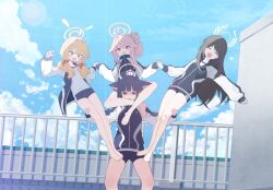  4girls :d ^_^ acrobatics after-school_sweets_club_(blue_archive) airi_(band)_(blue_archive) airi_(blue_archive) alternate_costume animal_ears backlighting bare_legs barefoot black_hair black_shorts blonde_hair blue_archive blue_sky blunt_bangs blurry bob_cut carrying cat_ears cat_girl closed_eyes cloud cloudy_sky commentary_request depth_of_field extra_ears fence forehead full_body grey_eyes gym_shirt gym_shorts gym_uniform hair_between_eyes hair_ornament hair_scrunchie hairclip halo holding_another&#039;s_leg holding_hands indian_style jacket kazusa_(blue_archive) long_hair long_sleeves low_twintails multicolored_clothes multicolored_jacket multiple_girls myeolchi natsu_(band)_(blue_archive) natsu_(blue_archive) official_alternate_hairstyle open_clothes open_jacket open_mouth outdoors parted_bangs piggyback pink_hair red_eyes scrunchie shirt short_hair short_shorts shorts side_ponytail sidelocks sitting sky smile standing_on_person sweatdrop toes track_jacket twintails two-tone_jacket yoshimi_(band)_(blue_archive) yoshimi_(blue_archive) 