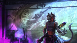  1boy animal_ears bare_shoulders black_shirt claws commission cowboy_shot crop_top furry furry_male graffiti highres holding holding_sword holding_weapon horns jumpsuit kuro_dora male_focus midriff navel original pectorals sharp_teeth shirt short_hair sidelocks skeb_commission snout solo spray_can sword teeth toned toned_male twintails unzipped weapon 