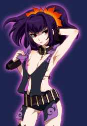 10s 1girl armpits bare_shoulders belt black_neckwear black_thighhighs bracelet choker dosugon dress flat_chest gradient_background hair_ornament jewelry mole nipples no_bra purple_background purple_hair red_eyes revealing_clothes short_hair short_shorts shorts simple_background solo symonne_(tales) tales_of_(series) tales_of_zestiria thighhighs twintails undressing rating:Questionable score:25 user:wereAR
