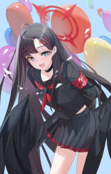  1girl absurdres ahoge armband balloon black_choker black_hair black_sailor_collar black_serafuku black_wings blue_archive blue_background blue_eyes choker connyalow feathered_wings hair_ornament hairclip halo highres ichika_(blue_archive) looking_at_viewer low_wings neckerchief open_mouth red_armband red_halo red_neckerchief safety_pin sailor_collar school_uniform serafuku smile solo unusually_open_eyes wings 