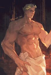  1boy abs artist_name blonde_hair blue_eyes body_hair commentary dated english_commentary ginias hand_on_own_hip highres laurel_crown male_focus muscular muscular_male naked_towel navel nipples obliques roboute_guilliman short_hair signature solo sweat towel warhammer_40k 