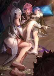  10s 1boy 3girls absurdres bare_shoulders barefoot blue_hair breasts brown_hair commentary detached_sleeves elf emilia_(re:zero) closed_eyes feet frilled_sleeves frills hair_ornament hair_over_one_eye highres leg_lift long_hair looking_at_another lying maid maid_headdress masashi_(excellent) medium_breasts multiple_girls natsuki_subaru no_shoes on_back on_bed on_side parted_lips pillow pink_hair pointy_ears profile puffy_sleeves ram_(re:zero) re:zero_kara_hajimeru_isekai_seikatsu rem_(re:zero) short_hair siblings silver_hair sisters soles thighhighs toes twins very_long_hair white_legwear wide_sleeves x_hair_ornament  rating:Sensitive score:57 user:danbooru