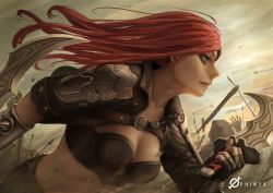  1girl armor arrow_(projectile) battlefield belt bikini bikini_top_only black_gloves bra breasts cleavage collarbone cropped_jacket dagger dual_wielding fingerless_gloves from_side gloves green_eyes holding holding_weapon hood katarina_(league_of_legends) knife league_of_legends long_hair midriff motion_blur namae_shifuta outdoors parted_lips pauldrons polearm realistic red_hair shoulder_armor signature sky solo_focus spear spikes swimsuit sword underwear weapon 