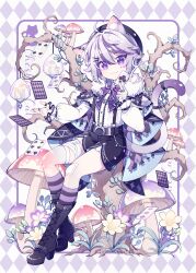  1boy ace_(playing_card) ace_of_clubs alice_in_wonderland animal_ears bandages black_shorts boots card cat_ears cat_tail cheshire_cat_(alice_in_wonderland) club_(shape) diamond_(shape) full_body hat heart highres hyou_(pixiv3677917) male_focus multicolored_hair mushroom original playing_card purple_eyes purple_hair shirt shorts socks solo spade_(shape) striped_clothes striped_socks suspenders tail 