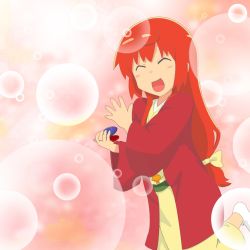  1girl :d ahoge buratei_marii castanets commentary_request closed_eyes gobanme_no_mayoi_neko haori highres instrument japanese_clothes joshiraku kimono long_hair open_mouth parody red_hair smile solo un_tan 