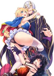  1boy 2girls :d ahoge armpit_crease ass ass_focus ass_grab bare_arms bare_shoulders belt black_panties blonde_hair blue_cape blue_dress blue_eyes blush braid braided_ponytail breast_press breasts brown_footwear cape cover_image dress eye_contact fat_mons foot_on_head frilled_dress frills gloves hair_between_eyes hair_ribbon highres hinasaki_you hug large_breasts legs long_hair looking_at_another multiple_girls novel_illustration official_art open_mouth panties partially_visible_vulva purple_gloves purple_hair ribbon scabbard sheath sheathed shoe_soles short_dress simple_background skindentation smile strapless strapless_dress sword teeth thighhighs underwear upper_teeth_only upskirt weapon white_background white_legwear yellow_eyes yuusha_yo_tanomu_kara_ore_de_naku_maou-sama_ni_horete_kure!  rating:Questionable score:22 user:danbooru