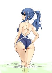 1girl ass bare_shoulders black_eyes blue_hair casual_one-piece_swimsuit fairy_tail from_behind halterneck hand_on_own_hip hip_focus juvia_lockser long_hair looking_back mashima_hiro official_art one-piece_swimsuit parted_lips ponytail shoulder_blades sidelocks solo swimsuit wading water rating:Sensitive score:112 user:danbooru
