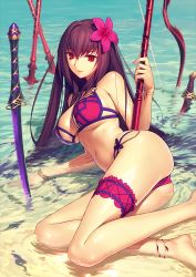  1girl absurdres barefoot beach bikini bow_(weapon) breasts dagger day fate/grand_order fate_(series) flower gae_bolg_(fate) hair_flower hair_ornament highres knife koyama_hirokazu lance large_breasts long_hair lying nail_polish navel official_art on_side outdoors partially_submerged polearm red_eyes reference_work scathach_(fate) scathach_(fate) scathach_(fate/grand_order) scathach_(swimsuit_assassin)_(fate) smile solo swimsuit sword thigh_strap underboob waifu2x water weapon  rating:Sensitive score:129 user:danbooru