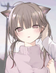 1girl absurdres ahoge animal_ears brown_hair cat_ears cat_girl commentary_request hand_in_another&#039;s_hair highres long_hair long_sleeves low_twintails original pink_sweater pov purple_eyes solo_focus sweater twintails twitter_username upper_body yukari_(rihenara_doll) rating:Sensitive score:12 user:danbooru