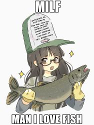  1girl absurdres animal baseball_cap beige_shirt blunt_bangs blush brown-framed_eyewear brown_eyes brown_hair commentary cropped_torso english_text fang fish glasses gloves green_hat grey_shirt hat highres holding holding_animal holding_fish impact_(font) long_hair long_sleeves looking_at_viewer macro meme multicolored_clothes multicolored_hat multicolored_shirt open_mouth original print_headwear semi-rimless_eyewear shirt short_eyebrows sidelocks simple_background skin_fang smile snale solo sparkle straight_hair symbol-only_commentary upper_body v-shaped_eyebrows white_background white_hat women_want_me_fish_fear_me_(meme) yellow_gloves 