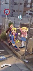  3girls :d ^_^ absurdres alice_cartelet arm_at_side arm_up arms_up attamattama bad_tag bag black_footwear black_jacket blank_eyes blonde_hair blue_jacket blue_skirt blue_socks blue_vest blunt_bangs bow cardigan closed_eyes collared_shirt cropped_jacket double_v full_body green_hair gyaru_v hair_ornament hair_stick hairclip hand_up heart-shaped_mouth high_school_girls_posing_for_google_street_view_(meme) highres hood hood_down hooded_jacket index_finger_raised jacket kin-iro_mosaic kin-iro_mosaic_high_school_uniform kujou_karen kujou_karen_pose light_blush long_hair long_sleeves mary_janes medium_hair meme miniskirt multiple_girls oomiya_shinobu open_cardigan open_clothes open_jacket open_mouth outdoors outstretched_arm photo_background pink_bow pink_cardigan pleated_skirt pointing pointing_at_viewer pointing_up purple_eyes red_footwear red_stripes school_bag school_uniform shirt shoes short_twintails sidelocks skirt smile socks standing standing_on_one_leg striped_bow thighhighs twintails union_jack_print v very_long_hair vest white_shirt white_socks winter_uniform x_hair_ornament zettai_ryouiki 
