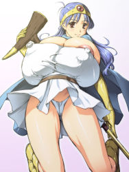  1girl areola_slip belt blue_hair boots breasts brown_eyes cameltoe cape chunsoft dragon_quest dragon_quest_iii elbow_gloves enix female_focus gloves gradient_background huge_breasts iwammy latex latex_gloves legs long_hair nipples panties sage_(dq3) solo staff underwear  rating:Questionable score:11 user:danbooru