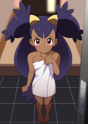  1girl barefoot blurry blurry_background blush brown_eyes closed_mouth collarbone commentary_request creatures_(company) dark-skinned_female dark_skin eyelashes full_body game_freak hand_up highres iris_(pokemon) kohatsuka long_hair looking_at_viewer low-tied_long_hair naked_towel nintendo pokemon pokemon_bw raised_eyebrows smile solo standing tile_floor tiles towel two_side_up 