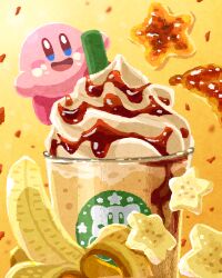  :d banana banana_slice cup drink drinking_glass food food_on_face fruit highres kirby kirby_(series) logo_parody miclot nintendo no_humans open_mouth smile star_(symbol) syrup whipped_cream 