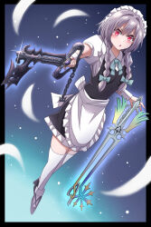  1girl apron blue_bow blush bow braid commentary_request dual_wielding glint grey_hair hair_bow happy_ginko highres holding holding_weapon izayoi_sakuya keyblade kingdom_hearts long_hair maid maid_headdress oathkeeper oblivion_(keyblade) open_mouth red_eyes short_sleeves solo thighhighs touhou twin_braids waist_apron weapon white_apron white_thighhighs 