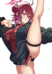 1girl antenna_hair ass bad_anatomy black_jacket black_panties blue_archive blush breasts china_dress chinese_clothes dress halo highres jacket large_breasts long_hair mole mole_on_thigh mole_under_eye open_clothes open_jacket open_mouth panties red_dress red_eyes red_hair red_halo reijo_(blue_archive) simple_background solo split standing standing_on_one_leg standing_split thighs tsukinami_kousuke underwear white_background  rating:Sensitive score:9 user:danbooru