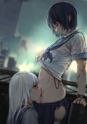 2girls absurdres black_hair blue_eyes blush cable city_lights cityscape clothes_pull collar crying crying_with_eyes_open cunnilingus flat_chest highres intravenous_drip iuui kneeling long_hair multiple_girls navel night night_sky oral original outdoors saliva scared school_uniform seiza short_hair sitting skirt skirt_pull sky standing standing_cunnilingus stitches stomach tears uncensored undressing white_hair yuri rating:Explicit score:379 user:danbooru