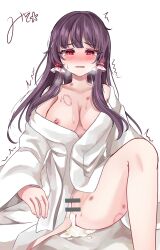  1girl aftersex alternate_costume bar_censor bite_mark bite_mark_on_breast bite_mark_on_thigh blush breasts brown_hair censored commentary_request cum cum_in_pussy cumdrip frilled_hair_tubes frills hair_tubes hakurei_reimu highres long_hair looking_at_viewer mito_(fate) nipples open_mouth red_eyes signature solo spread_legs sweat tears touhou trembling white_background  rating:Explicit score:6 user:danbooru