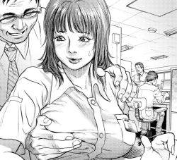  1girl 3boys bad_id bad_pixiv_id grabbing_another&#039;s_breast breasts cleavage dithering grabbing greyscale groping halftone kishizuka_kenji large_breasts monochrome multiple_boys office office_lady original public_indecency screentones  rating:Questionable score:43 user:danbooru