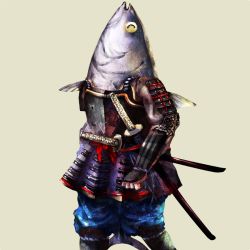 animal_focus armor fish homex japanese_armor katana no_humans original samurai sheath sword tail tuna weapon what  rating:General score:21 user:danbooru