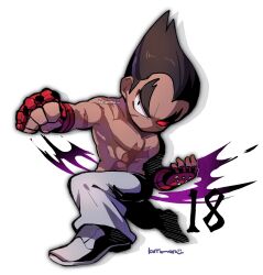  1boy black_hair drop_shadow facial_scar full_body gloves grey_footwear grey_pants heterochromia highres kotorai male_focus mishima_kazuya muscular muscular_male no_mouth no_nose pants punching red_eyes red_gloves scar scar_on_arm scar_on_cheek scar_on_face short_hair solo studded_gloves tekken thick_eyebrows v-shaped_eyebrows white_background 