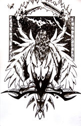 angel art_nouveau from_behind gigazemus highres inked monochrome space sword traditional_media weapon rating:Questionable score:1 user:cixxel