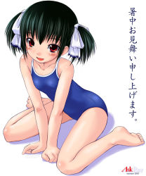 1girl :d arm_support barefoot black_hair blush bosshi breasts child competition_school_swimsuit covered_erect_nipples feet flat_chest full_body hair_ribbon highres kneeling leaning_forward legs one-piece_swimsuit open_mouth original red_eyes ribbon school_swimsuit shadow shochuumimai short_hair short_twintails simple_background small_breasts smile solo swimsuit translation_request twintails yu_(bosshi) rating:Sensitive score:19 user:danbooru