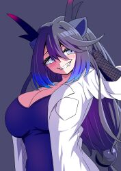  1girl animal_ears black_dragon_(kemono_friends) black_hair blue_hair blue_shirt blush breasts cleavage coat dragon_ears dragon_girl dragon_horns dragon_tail extra_ears fangs fishnet_gloves fishnets gloves grey_eyes hair_ornament hand_in_own_hair highres horns huge_breasts kemono_friends kemono_friends_3 lab_coat long_hair looking_at_viewer looking_to_the_side mamiyama multicolored_hair multicolored_horns open_clothes open_coat pink_horns purple_background scale_print shirt simple_background smile smug streaked_hair tail white_coat 