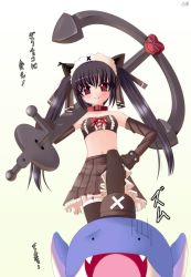  1girl 1other anchor animal_ears candy cat_ears chocolate chocolate_heart closed_mouth commentary dolfini fang fangs food foot_on_head frills garter_straps gloves heart kooh long_hair midriff natsumiya_yuzu obligation_chocolate open_mouth pangya skirt smile solo thighhighs translated zettai_ryouiki 