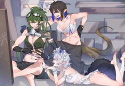  3girls abs arknights ass bare_legs black_gloves black_hair black_pants black_shorts blue_flower blue_hair breasts cleavage closed_mouth colored_inner_hair commentary crop_top earrings elbow_gloves eunectes_(arknights) eunectes_(forgemaster)_(arknights) fingerless_gloves flower gavial_(arknights) gavial_the_invincible_(arknights) gloves goggles goggles_on_head green_hair green_shirt hair_flower hair_ornament highres id_card indoors jewelry large_breasts licking_lips lizard_tail long_hair mask mask_around_neck material_growth midriff molu_stranger multicolored_hair multiple_girls navel one-piece_swimsuit oripathy_lesion_(arknights) pants pointy_ears shirt shorts sleeveless sleeveless_shirt swimsuit tail tank_top thigh_strap tic-tac-toe tomimi_(arknights) tomimi_(silent_night)_(arknights) tongue tongue_out white_flower white_hair white_one-piece_swimsuit white_tank_top wrist_cuffs  rating:Sensitive score:2 user:danbooru