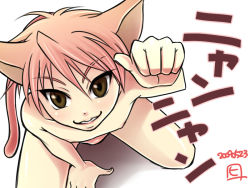 1boy animal_ears cat_boy cat_ears cat_tail hiro_(usukawa) hirohide male_focus pink_hair shota smile solo spread_legs tail topless_male trap underwear  rating:Questionable score:15 user:yaoilover