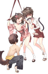 10s 1girl 2boys animal_ears bad_id bad_pixiv_id bdsm biting biting_another&#039;s_tail blade_&amp;_soul bondage bound bound_wrists brown_hair cat_ears cat_tail covered_erect_nipples dog_ears dog_tail erection feet flat_chest flower geta hair_flower hair_ornament hetero highres japanese_clothes kimono loli lyn_(blade_&amp;_soul) multiple_boys nipples penis pussy_juice pussy_juice_puddle pussy_juice_trail restrained shota tabi tail tail_biting tail_grab tama_(tamatamo) rating:Explicit score:209 user:danbooru