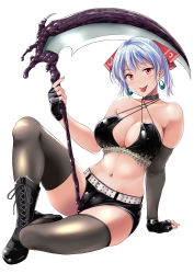  1girl :p arm_support bare_shoulders belt black_gloves black_thighhighs boots breasts cleavage collar earrings fingerless_gloves gloves hair_ribbon highres jewelry large_breasts looking_at_viewer midriff nail_polish navel original purple_hair red_eyes regdic ribbon scythe short_hair shorts simple_background sitting solo thighhighs tongue tongue_out white_background 
