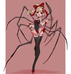  1girl arthropod_girl arthropod_limbs black_choker black_leotard black_sclera black_thighhighs blonde_hair bow breasts choker claws colored_eyelashes colored_sclera doll_joints ear_piercing extra_eyes fangs full_body garter_straps hair_bow high_side_ponytail highres insect_girl joints large_bow leotard long_hair looking_at_viewer mandibles open_mouth original piercing pointy_ears red_background red_bow red_eyes sabuneko2645 sharp_teeth silk simple_background small_breasts solo spider_earrings spider_girl spider_web standing standing_on_one_leg teeth thighhighs twitter_username  rating:Sensitive score:8 user:danbooru