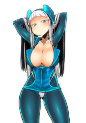  1girl arms_behind_head arms_up blue_bodysuit blue_dress blue_eyes blush bodysuit breasts closed_mouth collarbone commentary_request dress electro_emilia gluteal_fold headgear highleg highleg_panties ken_(koala) large_breasts long_hair long_sleeves looking_at_viewer original panties shiny_clothes shiny_skin short_dress simple_background skin_tight solo underwear white_hair 