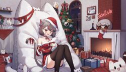  &gt;_&lt; 1girl :3 :d absurdres animal_ears bean_bag_chair black_choker black_thighhighs box breasts candy candy_cane cat_ears cat_girl cat_tail choker christmas christmas_ornaments christmas_present christmas_stocking christmas_tree creature detached_sleeves dress fang fire fireplace food gift gift_box grey_hair hat heart highres holding holding_creature indoors large_breasts lkjun_(jg010118) maro_(neneko_mashiro) merry_christmas multicolored_hair neneko_mashiro night open_mouth photo_(object) picture_frame plate pouring red_dress red_eyes red_hair saliva santa_dress santa_hat serving_dome short_dress short_hair sitting sleeping smile stellive streaked_hair table tail teapot thighhighs two-tone_hair virtual_youtuber window 
