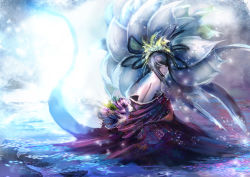 1girl bare_shoulders bccp black_eyes black_hair breasts covering_privates covering_breasts floral_print highres japanese_clothes kimono lips long_hair looking_at_viewer original partially_submerged petals sideboob solo surreal water