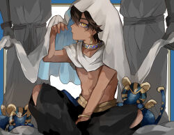  1boy 2others age_regression aged_down alternate_costume bare_pectorals brown_hair child cloak dark-skinned_male dark_skin earrings egyptian egyptian_clothes fate/grand_order fate_(series) hair_between_eyes highres jewelry looking_at_viewer male_focus multiple_others muscular muscular_child neck_ring ozymandias_(fate) pectorals short_hair sitting sphinx_awlad syusyaku yellow_eyes 