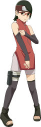  1girl arm_warmers bandages bare_shoulders black_eyes black_footwear black_hair black_thighhighs boruto:_the_movie eyelashes flat_chest forehead_protector full_body glasses highres holster looking_at_viewer naruto naruto_(series) official_art pigeon-toed red-framed_eyewear shoes short_hair shorts simple_background sleeveless solo standing thigh_holster thighhighs toenails toes uchiha_sarada white_background zipper  rating:Sensitive score:42 user:dmysta3000