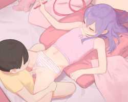 1boy 1girl bed blanket blush camisole child_on_child clothed_sex clothing_aside cum cum_in_pussy from_above hetero light_blush loli long_hair lying midriff missionary navel on_back one_eye_closed original panties panties_aside penis pillow pink_camisole pumpkinspicelatte purple_hair pussy red_eyes sex shota spread_legs stomach streamers striped_clothes striped_panties stuffed_animal stuffed_toy teddy_bear uncensored underwear vaginal rating:Explicit score:849 user:danbooru