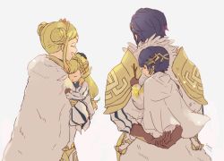 2boys 2girls aged_down alfonse_(fire_emblem) blonde_hair blue_hair braid braided_bun branch brother_and_sister brown_gloves cape carrying child closed_eyes closed_mouth crown_braid double_bun father_and_daughter father_and_son fire_emblem fire_emblem_heroes from_behind fur_cape gloves gradient_hair grey_background gustav_(fire_emblem) hair_bun henriette_(fire_emblem) holding husband_and_wife long_hair long_sleeves mother_and_daughter mother_and_son multicolored_hair multiple_boys multiple_girls nintendo open_mouth pink_hair sasaki_(dkenpisss) sharena_(fire_emblem) short_hair siblings signature simple_background sleeping rating:General score:10 user:danbooru