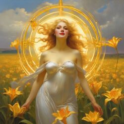  ai-generated blonde_hair blue_eyes curly_hair curvy dress field flower flower_field flowers_in_hair halo lips long_hair realistic smile solo white_dress william_bouguereau  rating:Explicit score:1 user:kitsuneshapeshifter