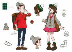  1boy 1girl backpack bag beanie boots brown_eyes brown_footwear brown_hair cardigan character_sheet concept_art creatures_(company) denim dress game_freak gloria_(pokemon) green_headwear green_legwear grey_cardigan hat holding holding_poke_ball jeans nintendo official_art open_mouth pants pink_dress poke_ball poke_ball_(basic) pokemon pokemon_swsh red_shirt scan shirt shoes short_hair sleeves_rolled_up smile socks suitcase tam_o&#039;_shanter translation_request victor_(pokemon) 