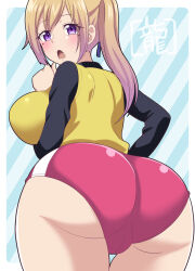  1girl ass black_shirt blonde_hair blush breasts buruma cameltoe collared_shirt commentary_request curvy embarrassed gradient_hair hair_between_eyes hair_ribbon huge_ass kawakami_mai kondou_ryunosuke kyoto_animation large_breasts leaning_forward long_hair long_sleeves looking_at_viewer looking_back mole mole_under_eye multicolored_hair musaigen_no_phantom_world open_mouth photoshop_(medium) purple_eyes ribbon school_uniform shirt shy side_ponytail simple_background smile solo striped_background sweater_vest 