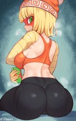 1girl arms_(game) artist_name ass blonde_hair cameltoe commentary_request from_behind green_eyes hat highres jtveemo looking_at_viewer looking_back mask min_min_(arms) orange_shirt selfie shirt short_hair smile solo sports_bra tank_top thighs twitter_username rating:Sensitive score:218 user:danbooru