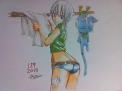 1girl ass belt blue_eyes butt_crack cat dated denim denim_shorts fairy_tail from_behind happy_(fairy_tail) lisanna_strauss looking_back mashima_hiro official_art short_hair short_shorts shorts signature silver_hair smile solo suggestive_fluid tattoo traditional_media wet rating:Sensitive score:38 user:danbooru