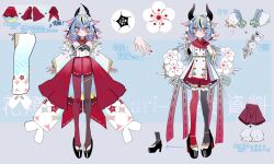  1other arrow_(symbol) asymmetrical_horns bare_shoulders black_bow black_hair black_horns black_thighhighs blue_background blue_hair bow bridal_legwear buttons character_sheet closed_mouth detached_sleeves double-breasted flower frilled_skirt frills full_body gradient_hair hair_between_eyes highres horns japanese_clothes kimono looking_at_viewer medium_hair meika_mikoto multicolored_hair outstretched_arms pigeon-toed pink_eyes pink_hair platform_footwear red_sailor_collar red_skirt red_thighhighs sailor_collar sandals shirt skirt sleeveless sleeveless_shirt smile spider_lily standing streaked_hair thighhighs turtleneck uneven_horns vocaloid white_kimono white_shirt white_sleeves yoshino_ns 